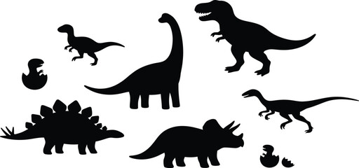 Collection of prehistoric dinosaur silhouettes including tyrannosaurus rex and triceratops © afsana