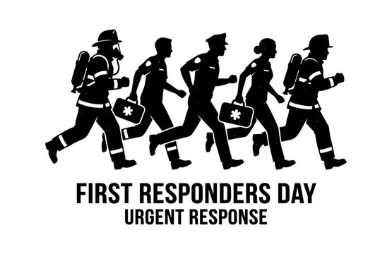 Group of first responders running to an emergency with medical gear and rescue uniforms for first responders day Vector