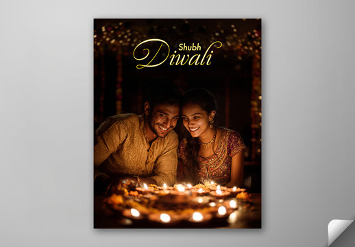 Editable Shubh Diwali Social Media Greeting Post with Celebrating Indian Couple, Burning Oil Lamps in Dark Background.
