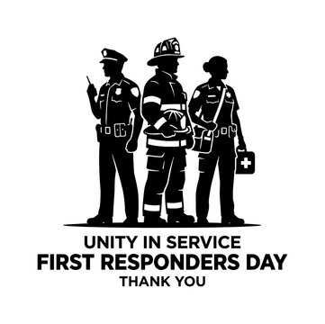 Black silhouette illustration of police officer firefighter and paramedic standing together for first responders day Vector