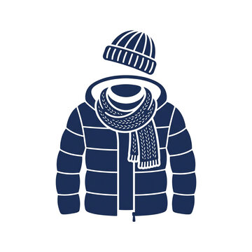 Layered winter clothing icon with padded jacket knit hat and scarf for cold weather protection