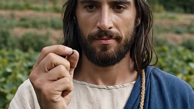 Jesus Holding a Mustard Seed While Teaching About Faith