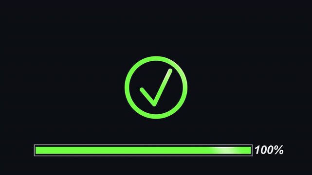 Green Loading Progress Bar Reaches Completion with Check Mark
progress bar, loading, loading bar, completion, check mark, success, green, progress, complete, interface