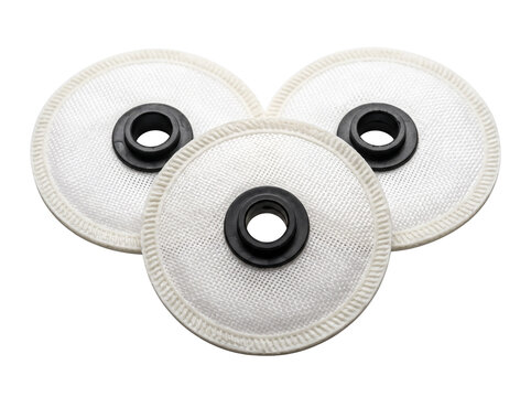 Circular mesh filter disc set arranged on black background, featuring industrial plastic membrane strainers, water purification components, and replacement fluid filtration parts for technical machine
