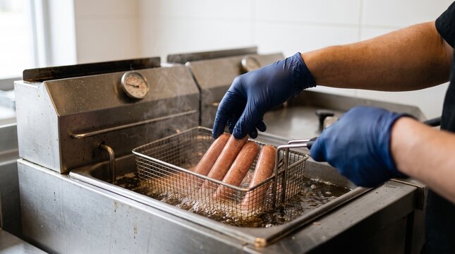 Chef frying hot dogs in a deep fryer basket at a commercial kitchen