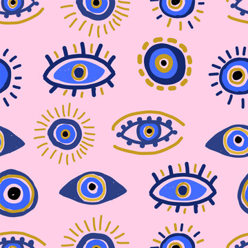 Abstract Evil Eye Seamless Pattern with Mystic Symbols on Pink Background