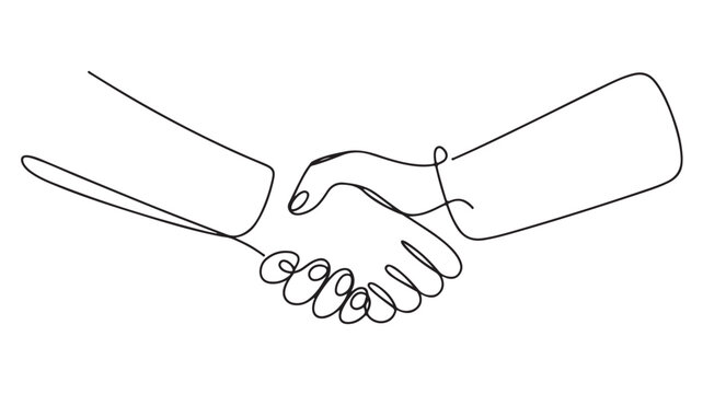 Minimalist handshake vector illustration featuring clean continuous black lines to represent professional business cooperation and successful partnership agreements between partners