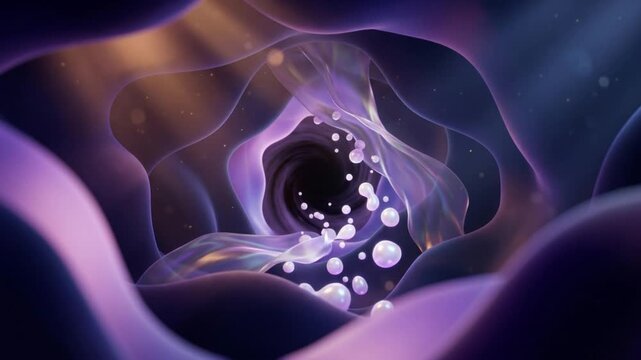 ブラックとバイオレットの滑らかな地層から気泡が溢れる特異点、マクロ視点の美しい3D背景映像
