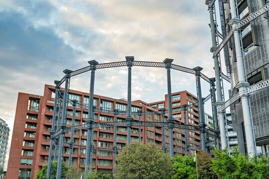 View of the historic iron frame of Gasholder Park in London, England, United Kingdom.