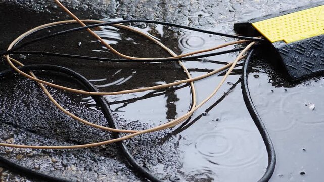 Wet asphalt puddle with tangled black and beige electrical cables leading into yellow black protector. Dangerous outdoor scene combining rain water and live wires creating short circuit hazard 4k