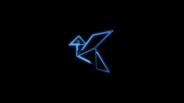Glowing blue neon origami bird motion graphic animating smoothly on a black background. Perfect for creativity, freedom, peace, paper craft, and art UI design project.