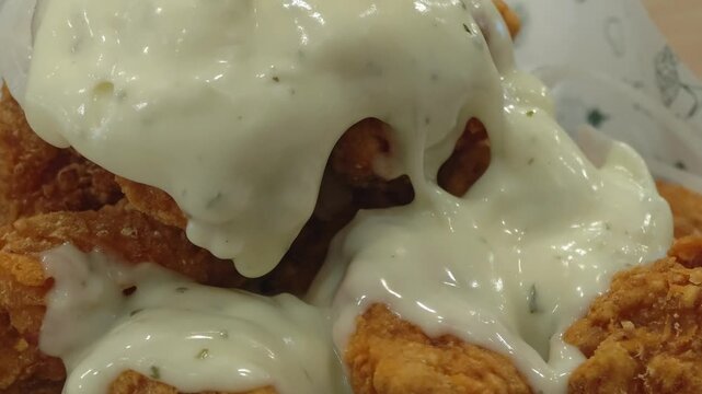 Zoom in on Korean snow onion chicken with creamy white sauce 4K