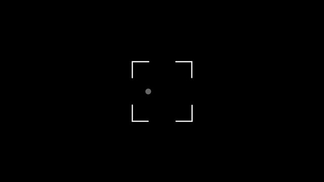 Minimalist white camera focus frame animation with three pulsing loading dots in the center over a black background. Perfect for photography, focus, and video UI.
