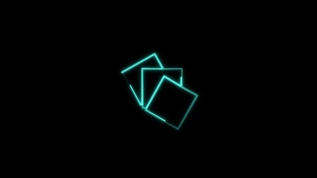 Glowing cyan neon overlapping square cards animation on a dark background. Ideal for gallery, photo layers, stacked documents, media, and UI web motion graphics.