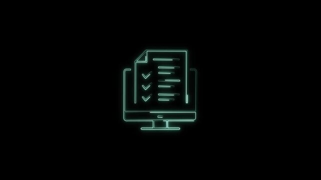 Glowing cyan neon animation showing a document with completed check marks inside a computer screen, ideal for digital testing, surveys, and task tracking.