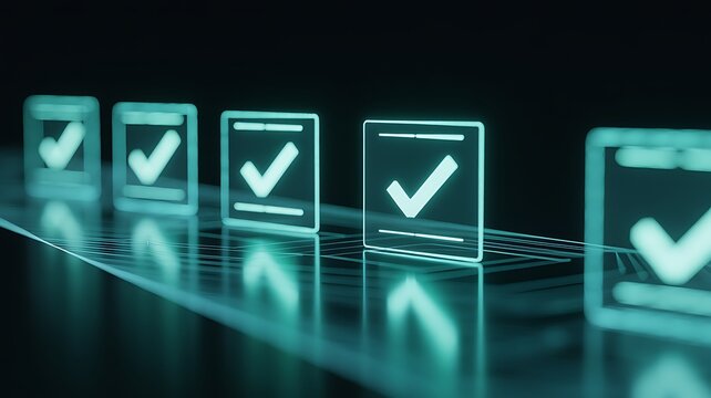 Abstract check mark boxes in a row on a reflective surface.