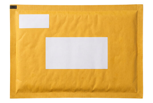 Yellow padded shipping envelope with blank white labels