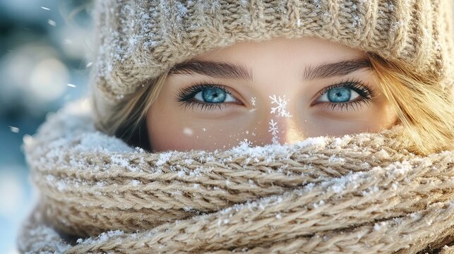 Stunning close up portrait of a girl with blue eyes wearing a wintry knitted scarf and wool hat