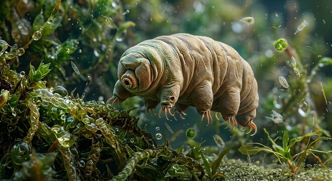 Detailed macro photography of a tardigrade water bear on moss surface, electron microscope style with vibrant natural lighting, digital AI illustration