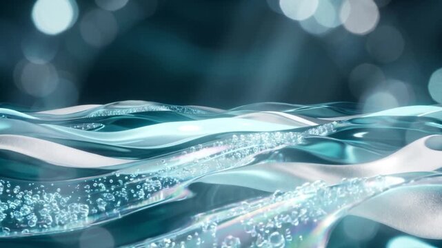クリスタルアクアとフロストブルーの液体膜に微細な気泡が湧き上がる、マクロ視点の美しい3D背景映像