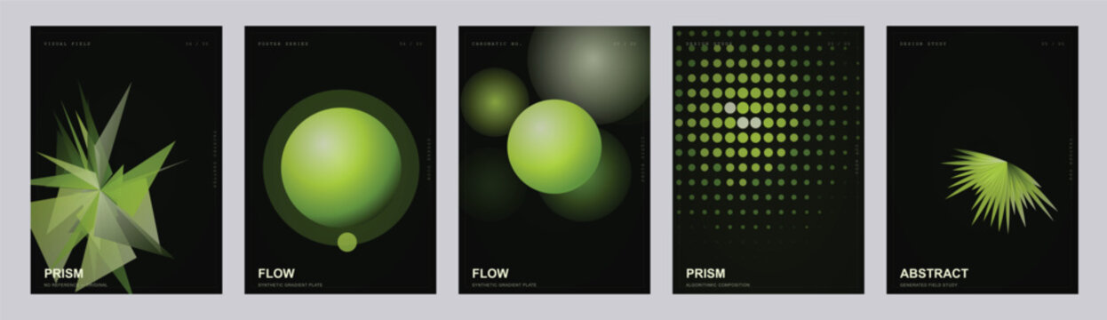 Abstract green geometric poster set, futuristic 3D flow covers, dark minimalist vector background collection for tech branding