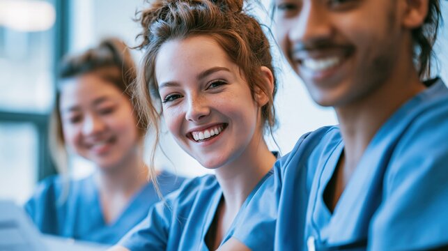 Diverse medical students learning and collaborating in hospital create vibrant visuals emphasizing teamwork, study, and professional training.
