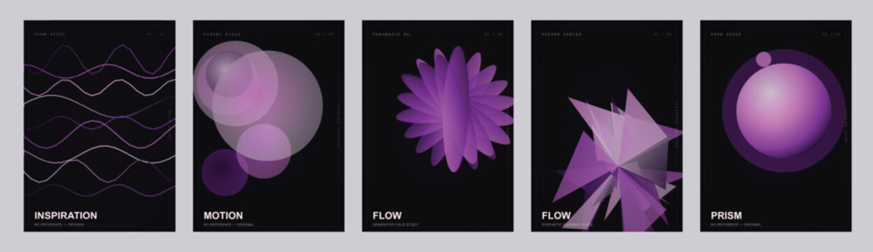 Abstract purple 3D geometric poster set, futuristic dark vector collection with 5 layouts, modern liquid and sharp shapes for covers