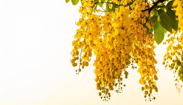 Hanging yellow shower tree blossoms, detailed view of beautiful cassia fistula golden flowers blooming in a bright natural setting.