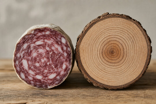 Cross-section of dried saucisson beside tree log, concentric patterns echoing each other.