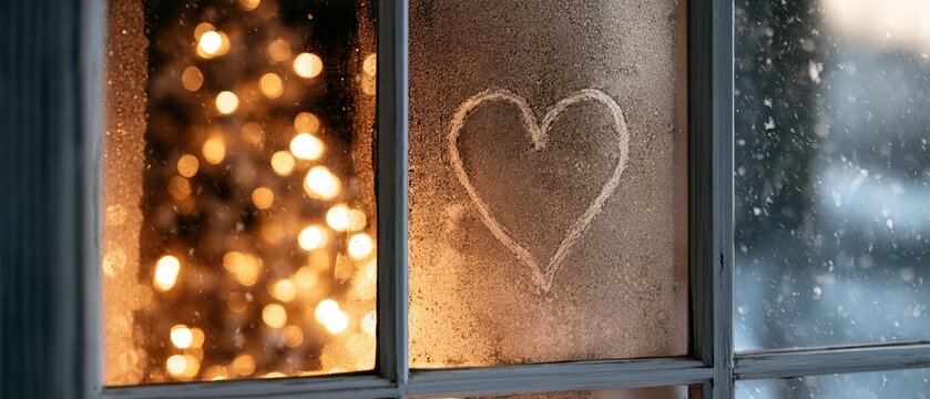 Cozy winter romance concept a hand drawn heart traced on a misted window pane, glowing Christmas tree lights bokeh behind, snow falling outside. Perfect for holiday, love, and hygge.