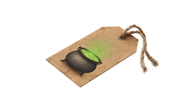 Tag with cauldron and green potion for halloween
