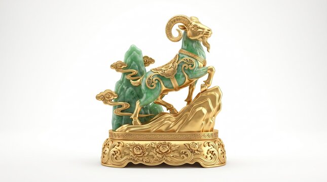 This magnificent Chinese feng shui ram sculpture crafted from gold and emerald jade symbolizes prosperity while climbing a mountain with elegant patterns on a background

