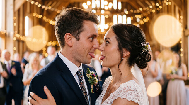 Playful bride and groom touching noses and sticking tongues out at wedding reception
