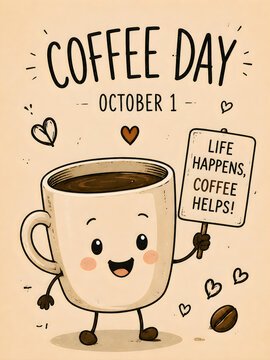 Cute coffee mug character celebrating Coffee Day