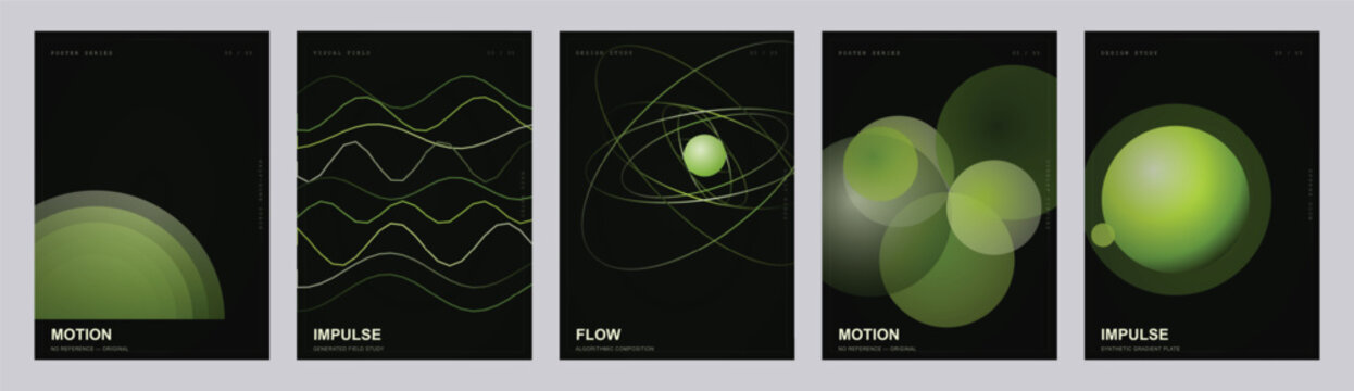 Abstract green motion posters, futuristic impulse and flow vector set, 5 dark geometric covers with glowing spheres and waves