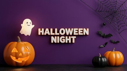 Naklejka premium Festive halloween night background featuring carved pumpkins a cute ghost and bats against a dark purple wall backdrop