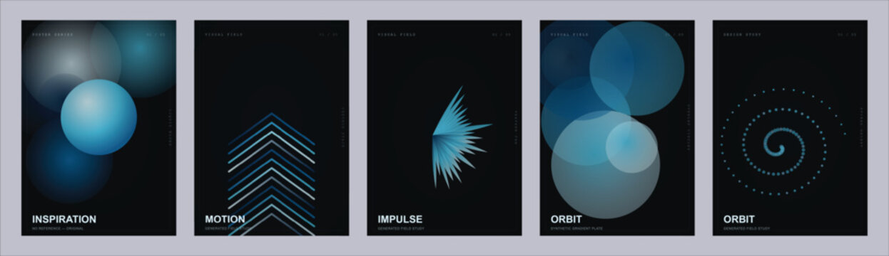 Abstract futuristic poster set with blue geometric shapes. Dark minimalist cover collection. Modern tech flyer designs with spheres and lines.
