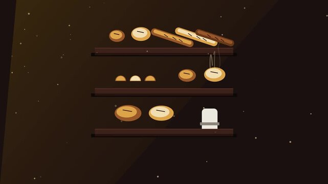 three wooden shelves showcase baguettes circular loaves and salt shaker