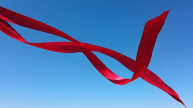 Fabric Ribbon Rippling in the Wind Against a Clear Blue Sky