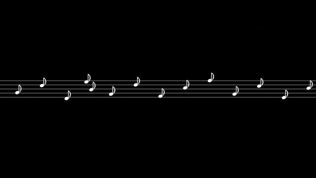 Animated musical stave with white notes streaming on transparent background for video overlay