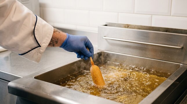 Chef frying a corn dog in a commercial deep fryer in a professional kitchen