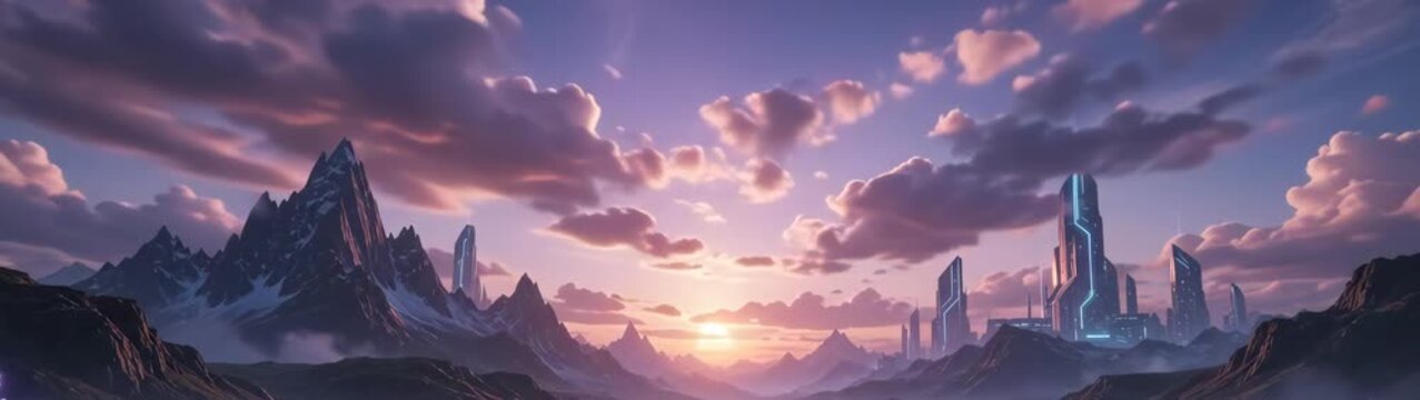 Futuristic city and fantasy landscape at sunset digital art with sci-fi architecture and dramatic clouds.
