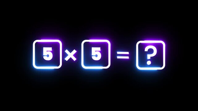 Neon math multiplication equation with numbers and question mark glowing on black backdrop.
