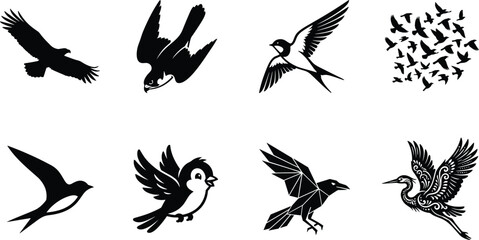 Naklejka premium Stylized bird silhouette collection featuring flying, geometric, and decorative designs in artistic black vector style