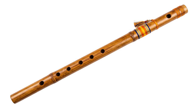 Traditional bamboo flute with decorative thread, handcrafted wooden wind instrument, ethnic musical flute on white background