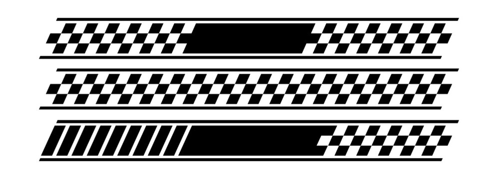Racing stripes car checker speed lines with sport board pattern. Checkered graphic track banner frame black design vector border. Finish race ribbon icon decal pack