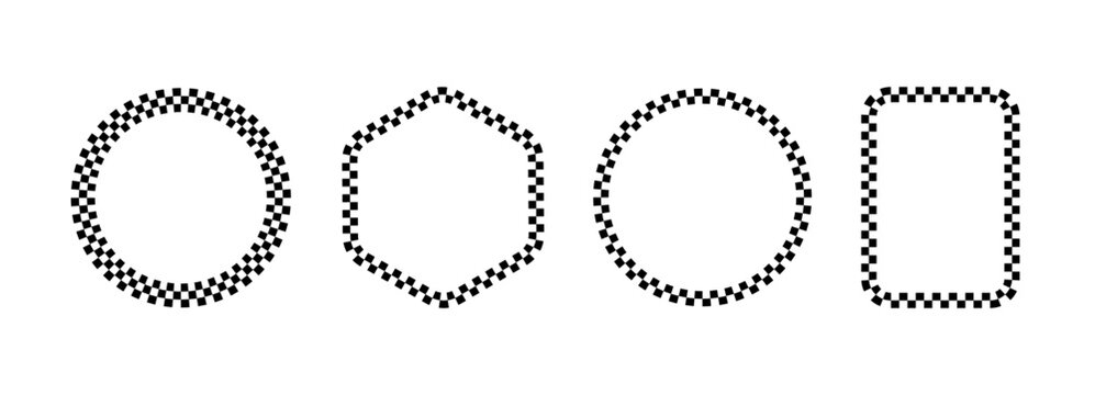 Racing stripes car checker speed lines with sport board pattern. Checkered graphic track banner frame black design vector border. Finish race ribbon icon decal pack