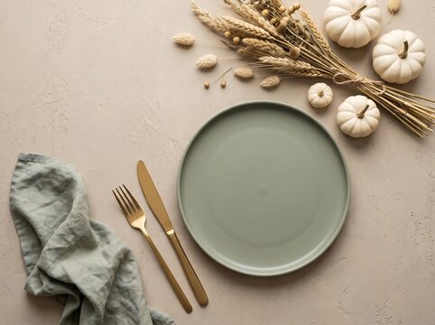 Elegant Thanksgiving table setting with gold utensils and fall decor