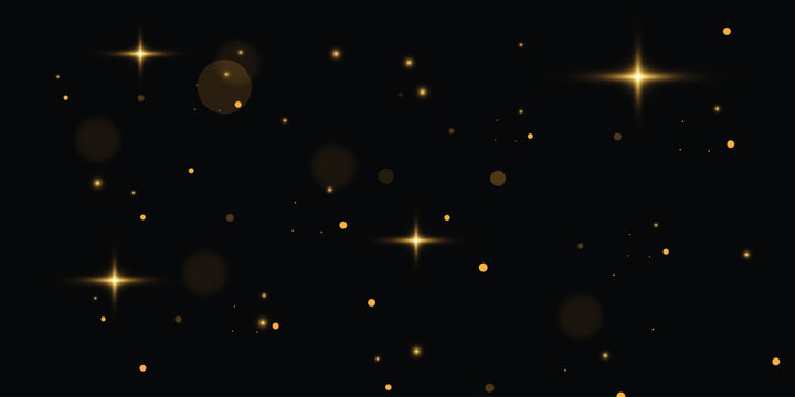 Golden sparkling stars and glowing particles on black background