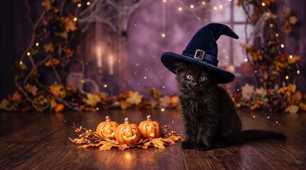 Fototapeta premium Black kitten wearing a witch hat beside glowing pumpkins and autumn leaves in a magical Halloween setting